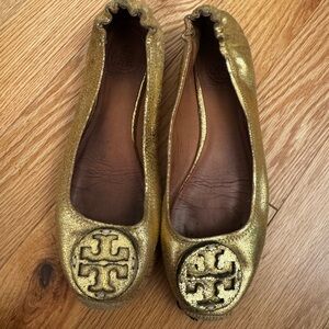 Tory Burch Gold Flats with Logo Embellishment
